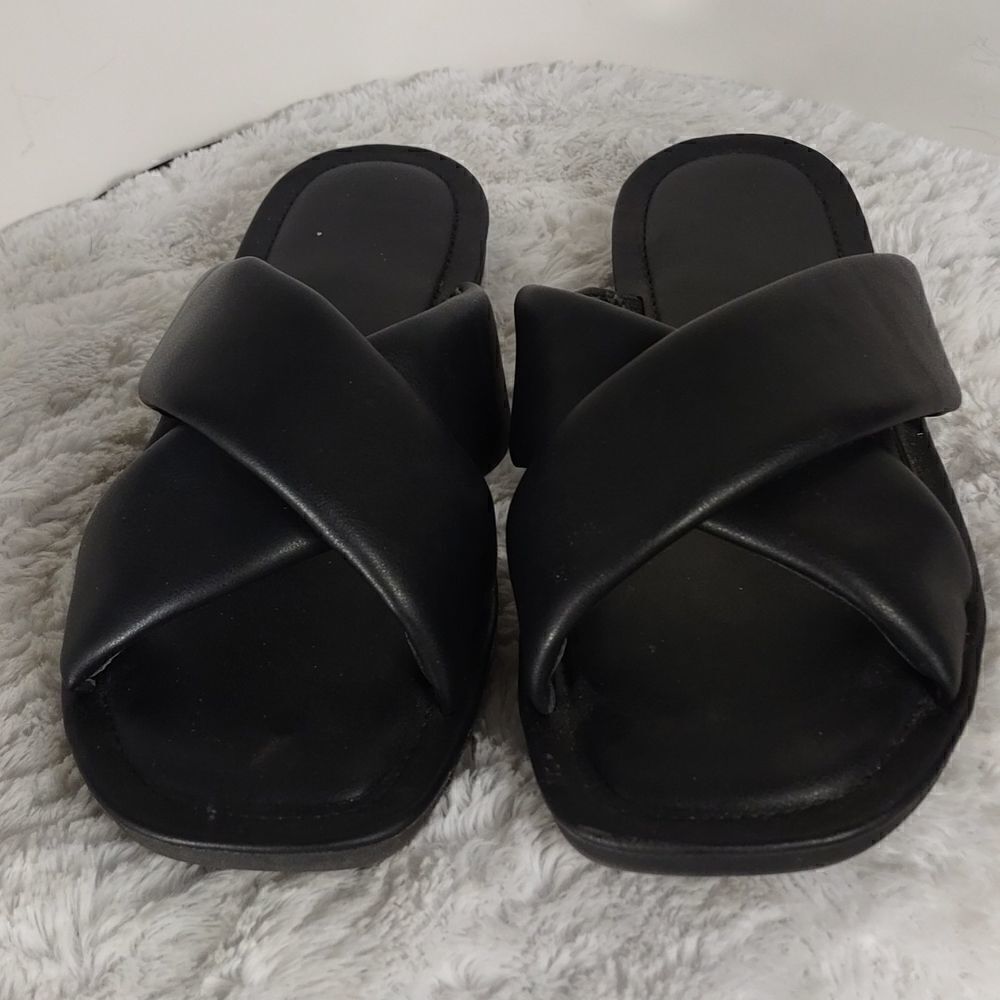 Black Faux Leather Slides 